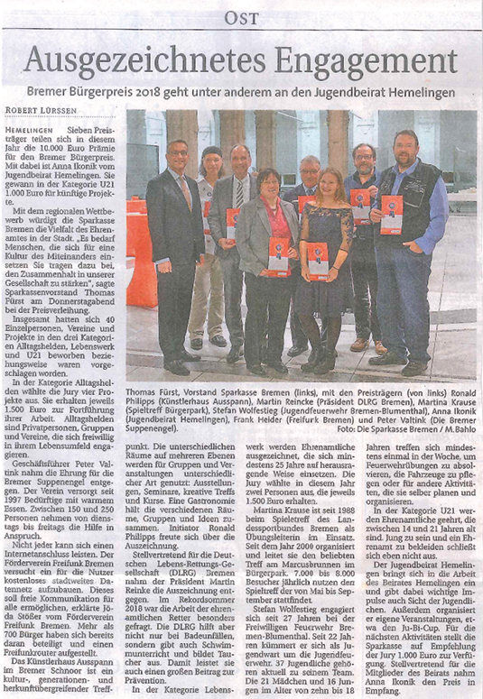 Zeitungsartikel zur Verleihung des Bürgerpreises an den Spieltreff Bürgerpark Zeitungsartikel zur Verleihung des Bürgerpreises an den Spieltreff Bürgerpark